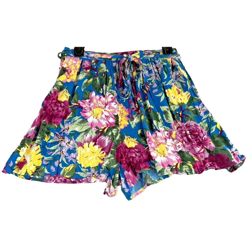 Band of Gypsies S Blue Floral Tie Front Wide Leg Shorts Pull On Garden Boho NWT - Picture 1 of 12